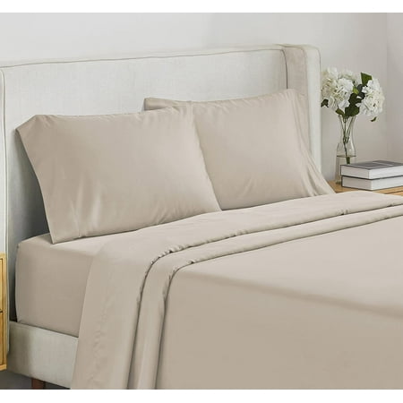 AGGZK - Finest King Size Bed Sheet Set Soft 100% Cotton Cooling Sheets Deep Pockets Snug Fit Elastic  500 Thread Count  4-Pc Set  Sheet Sets for Bed (Solid - Light Beige) Product Description Features + Benefits True Lightweight 100% extra long staple pure combed cotton sateen weave sheet set Sateen Weave - a lustrous  closely woven ultra-soft  smooth and shiny satin like fabric Standard 100 by OEKO-TEX - for harmful substances King 4-PIECE SET – 1 Flat Sheet: 112  W x 102  L. (284cm x 259cm) 1 Fully Elasticized Fitted Sheet: 78  W x 80  L with 16 inch deep pocket. (198cm x 203cm + 41cm) 2 Pillowcases to fit king-size pillowcases: 21  W x 40  L. (53cm x 101cm) Key Details Deep pocket fitted sheet with high grade elastic to fit low profile foam as well as deep mattresses Smart Head/Foot Tag to indicate the width side of the bottom fitted sheet for ease of use Designed for the softest sleep experience  the 100% cotton King Sheet will keep you cool during summers. Look at the product details of 500 TC solid sheets: 4-piece luxe solid sheet set with a flat top sheet  an all-around elastic fitted sheet with a deep pocket  and two matching king pillow covers to complete the ultimate bedding ensemble The 500 thread count solid sheets are lightweight  durable  and breathable for a cosy sleeping experience The premium 500 TC linen collection is made from 100% extra long staple cotton fiber yarns with a sateen weave for a silky touch  and cooling in summer. The extra deep pocket fitted sheets feature a smart head/foot tag to indicate the width side of the bottom fitted sheet for ease of use The 500 TC solid sheets are easy to care for  machine washable If you are looking for a top-quality solid bedsheet as bedroom essentials  we’ve got you covered. Know more about the 100% cotton bedsheets: Tested for no pilling  shrinkage  and thread count authenticity so that the luxe sheets feel softer every time you use them Extensive checks are conducted to ensure that sheet sets are defect-free Bring next-level luxury to your home with 500 TC solid King sheet sets which will enhance your bedding decor. You can gift our King sheets to your family and friends so that they wake up feeling rested.
