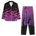 thumbnail image 3 of Renewold 2 PCS Purple Forest Bats Long Sleeve Pajamas T-Shirt Stretchy Pants Set with Pockets Halloween Winter Button Sleepwear Thermal Women Home Wear Loungewear Size 2XL, 3 of 6