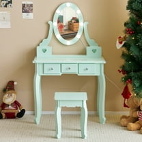 PAPROOS Kids Vanity Set with Mirror and Stool, Wood Pretend Play Princess Makeup Dressing Table with 3 Color LED-Light and 5 Storage Drawers, Girls Small Vanity for Little Girls, Macaroon Green