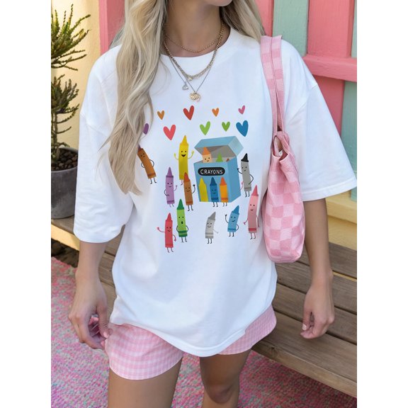 Women's Summer Round Neck Short Sleeve T-Shirt With Crayon Print, Casual Daily Wear White