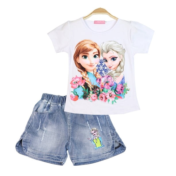 Algodón Disney Niñas Trajes de manga corta de dibujos animados Frozen Elsa verano niños Jeans Shorts ropa conjunto niños traje ropa Sofia4T Gao Jinjia LED