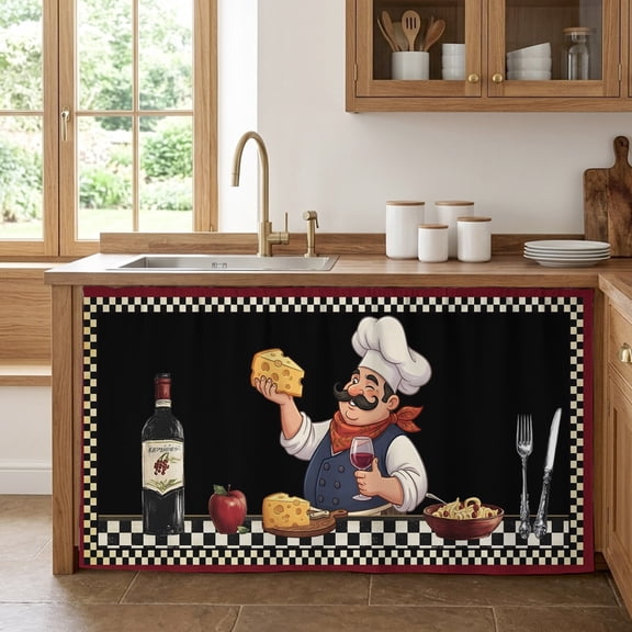 Retro Cartoon Chef Cabinet Curtains for Kitchen 32"Wx55"L, Vintage Wine Cheese Farmhouse Traditional Black Pantry Curtain Skirt Magic Tape Curtains Decor Privacy Panel for Utility Closet Bathroom