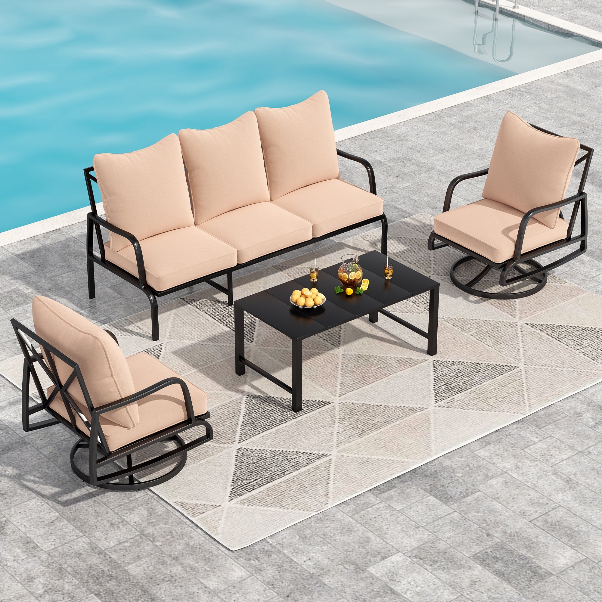 MAYEERTY 4-Piece Metal Frame Outdoor Patio Set with Swivel Chairs, Three-Seater Sofa, and Coffee Table