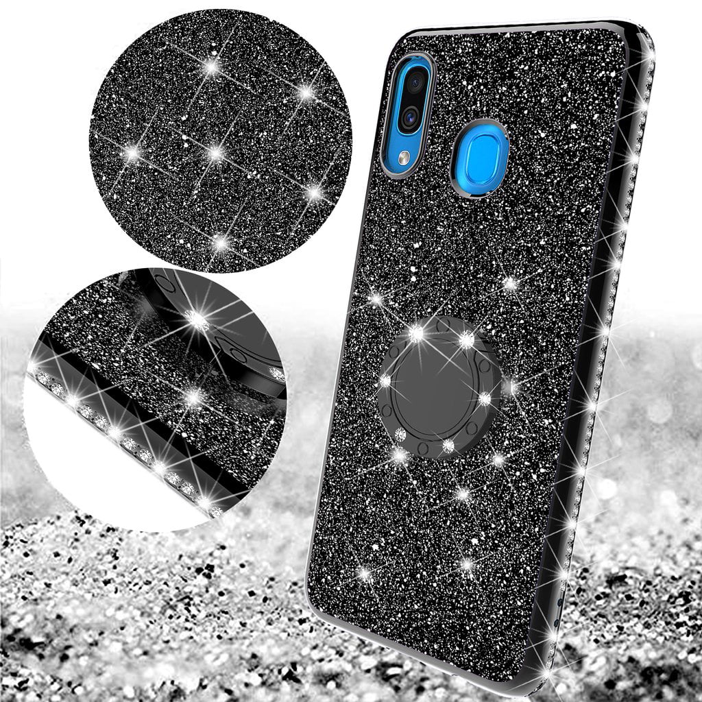 Galaxy A30 Case Purple SOGA Glitter Diamond Rhinestone TPU Phone Cover with Ring Stand and Lanyard Girls Women Cover Compatible for Samsung Galaxy A20 Case 