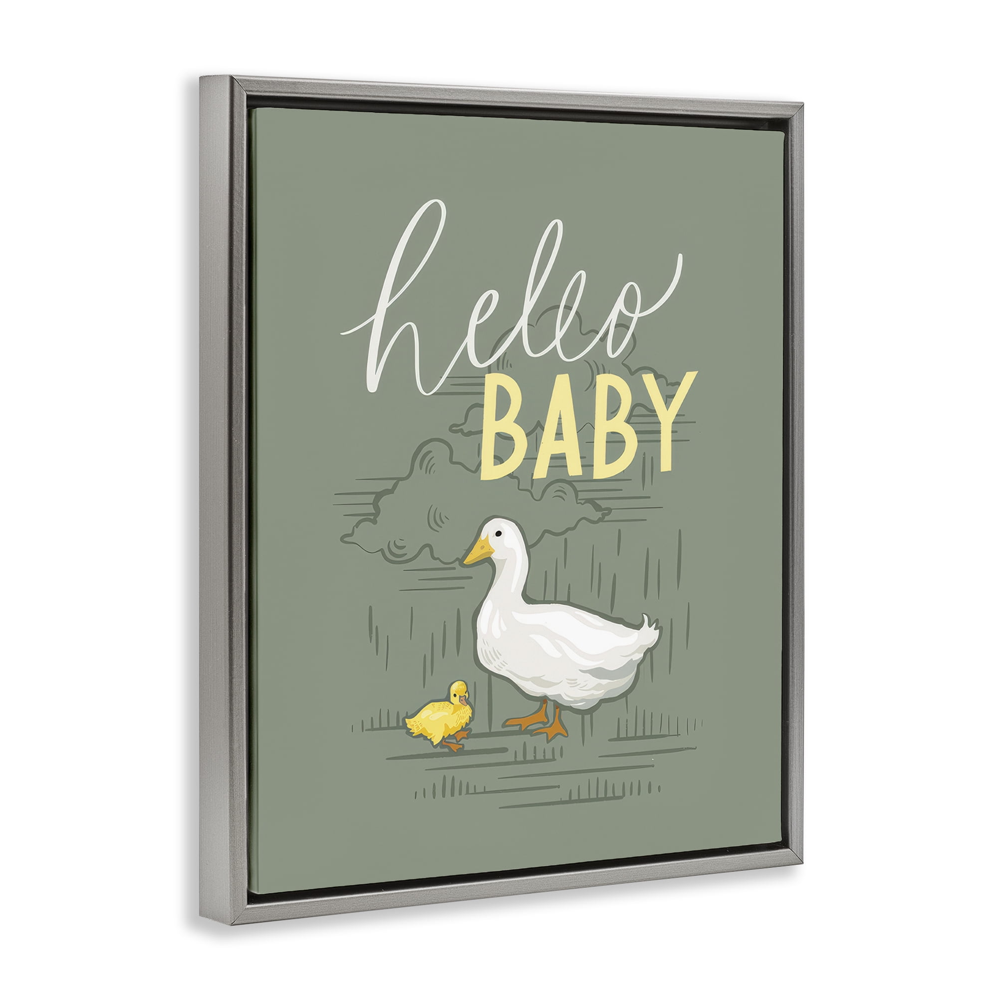 Stupell Industries Hello Baby Duck & Duckling Animals Painting Gray Floater Framed Canvas Art Print Wall Art, 17 x 21