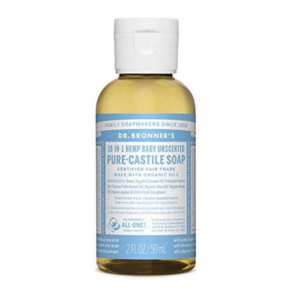 Dr. Bronner’s Pure-Castile Liquid Soap – Baby Unscented Bundle. 32 oz. Bottle and 2 oz. Travel Bottle