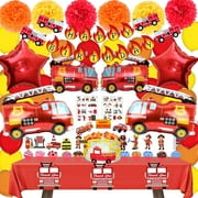 Fire Truck Theme Party Supplies set : Decorations with Happy Birthday Banner , Table Covers , Foil & Latex Balloons . Cake Topper , Paper Pom , Firefighter Tattoo Sticker . Perfect for kids Party !