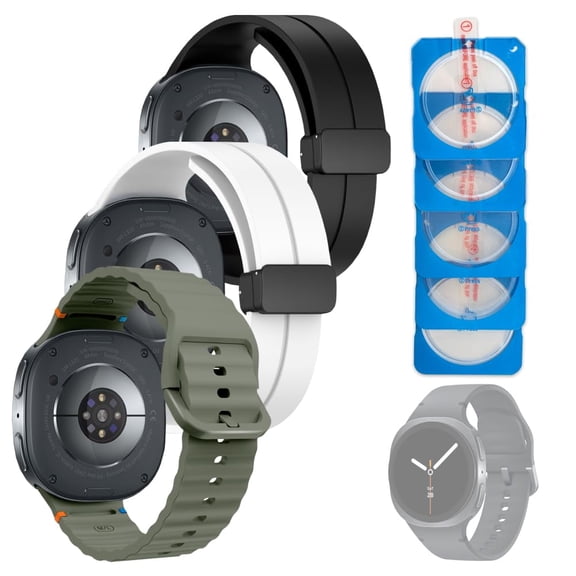 Rome Tech Bands and Tempered Glasses Compatible with Samsung Galaxy Watch 8-3 Adjustable Silicone Bands and 5 Screen protectors - Black, White, Military Green