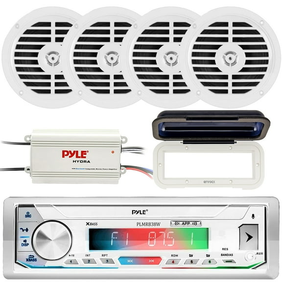 Pyle PLMRB39W LCD Display Single-DIN Marine Bluetooth USB/AUX MP3 Player AM/FM Radio Stereo White Receiver W/White Cover, 4x 5.25" 100W Max Dual Cone Full Range White Speakers, 4-Channel Amplifier