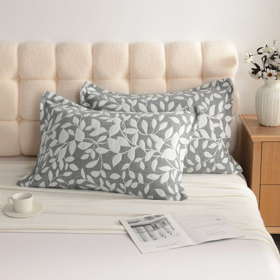 2 Pack 100% Cotton Pillow Sham, Breathable 3 Layer Gauze Pillow Covers with Envelope Closure, Standard, 20 x 26 Inch with 1 Inch Flange, Leaf