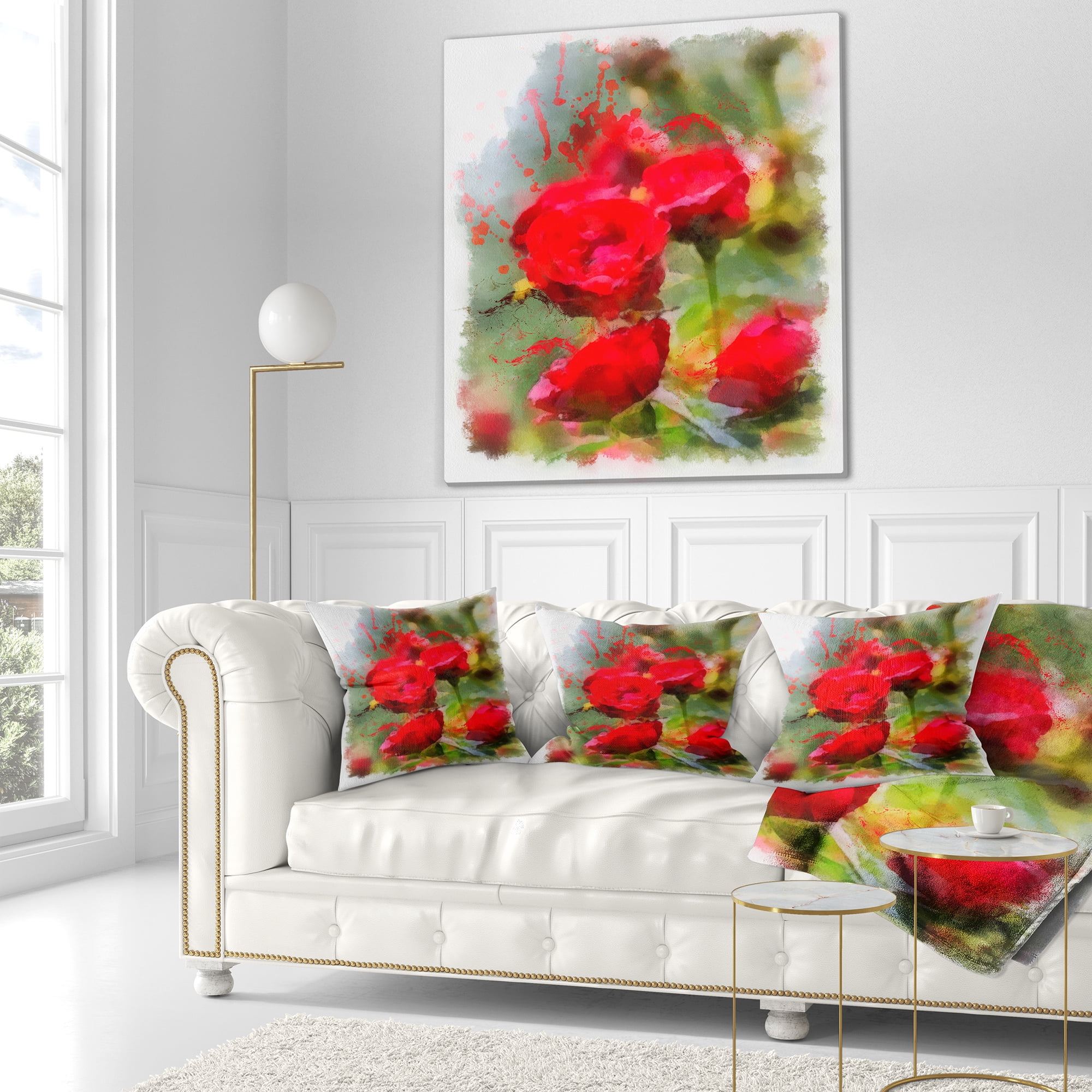 Designart Red Roses on Green Watercolor - Flower Throw Pillow - 16x16