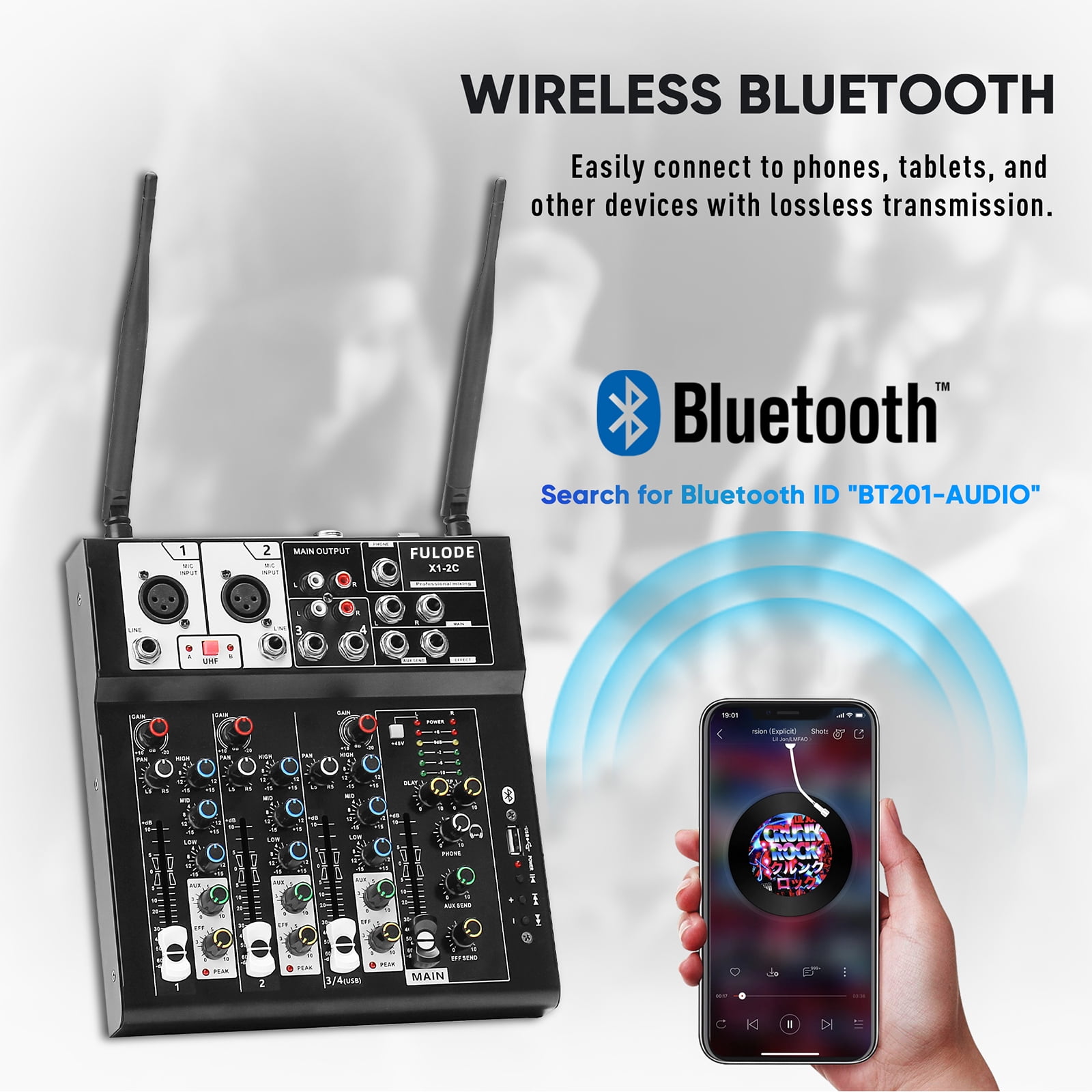 FULODE 4 Channel Audio Mixer, Karaoke Mixer with Dual Wireless Microphones, Professional Sound Board DJ Mixing Console MP3 Bluetooth 48V Phantom Power USB Interface for PC Studio Recording Party