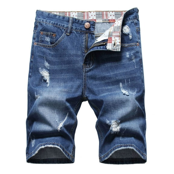 HOOMEUMY Men's Summer Slim Fit Stretch Ripped Distressed Denim Shorts Beach Straight Jean Shorts with Holes Blue M