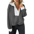 thumbnail image 2 of safuny Womens Cropped Oversized Sweatshirt Casual Lapel V Neck Long Sleeve Hem Drawstring Loose Fall Pullover Tops Dark Gray _i XL, 2 of 7