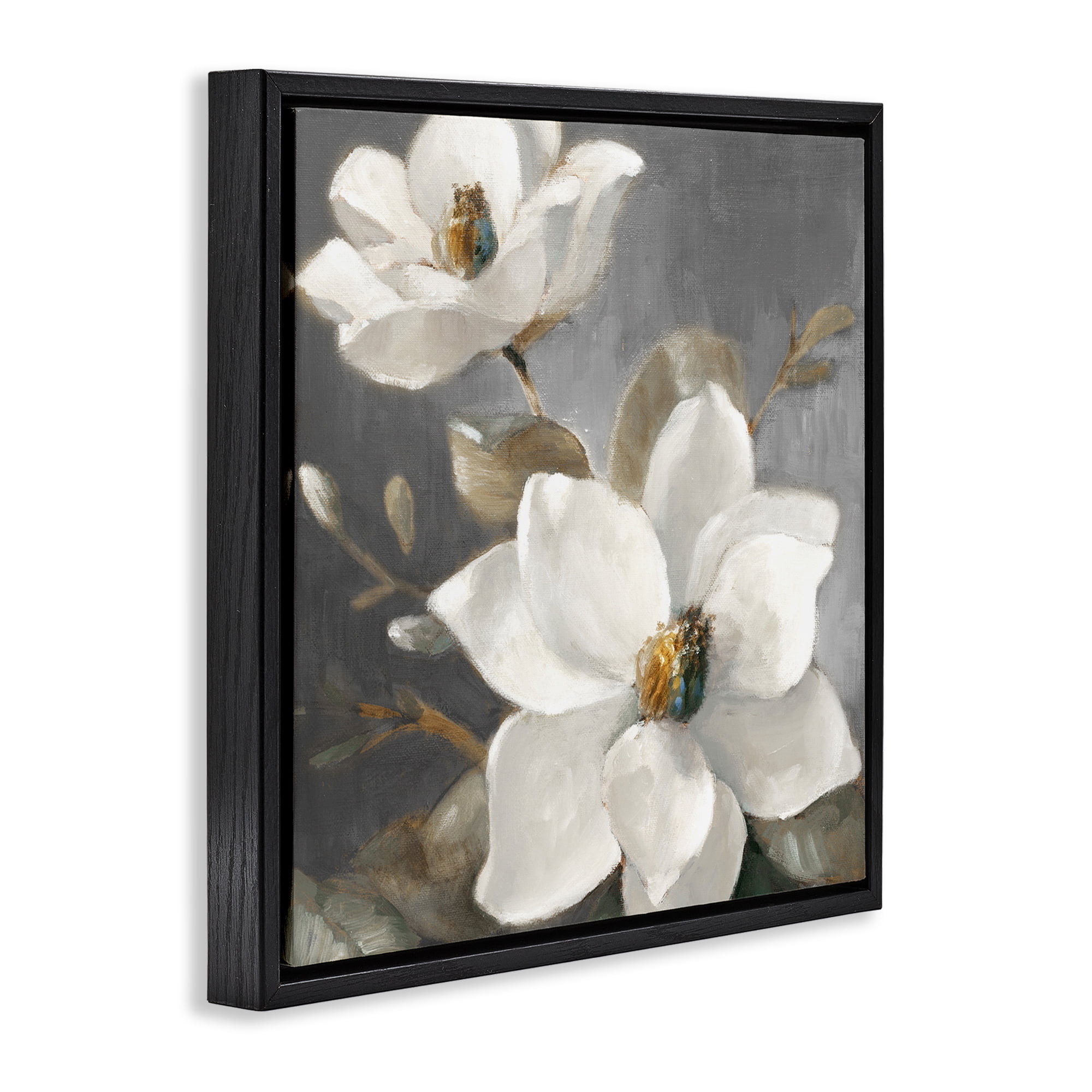 Stupell Industries Magnolias on Grey Botanical & Floral Painting Black Floater Framed Canvas Art Print Wall Art, 18 x 18