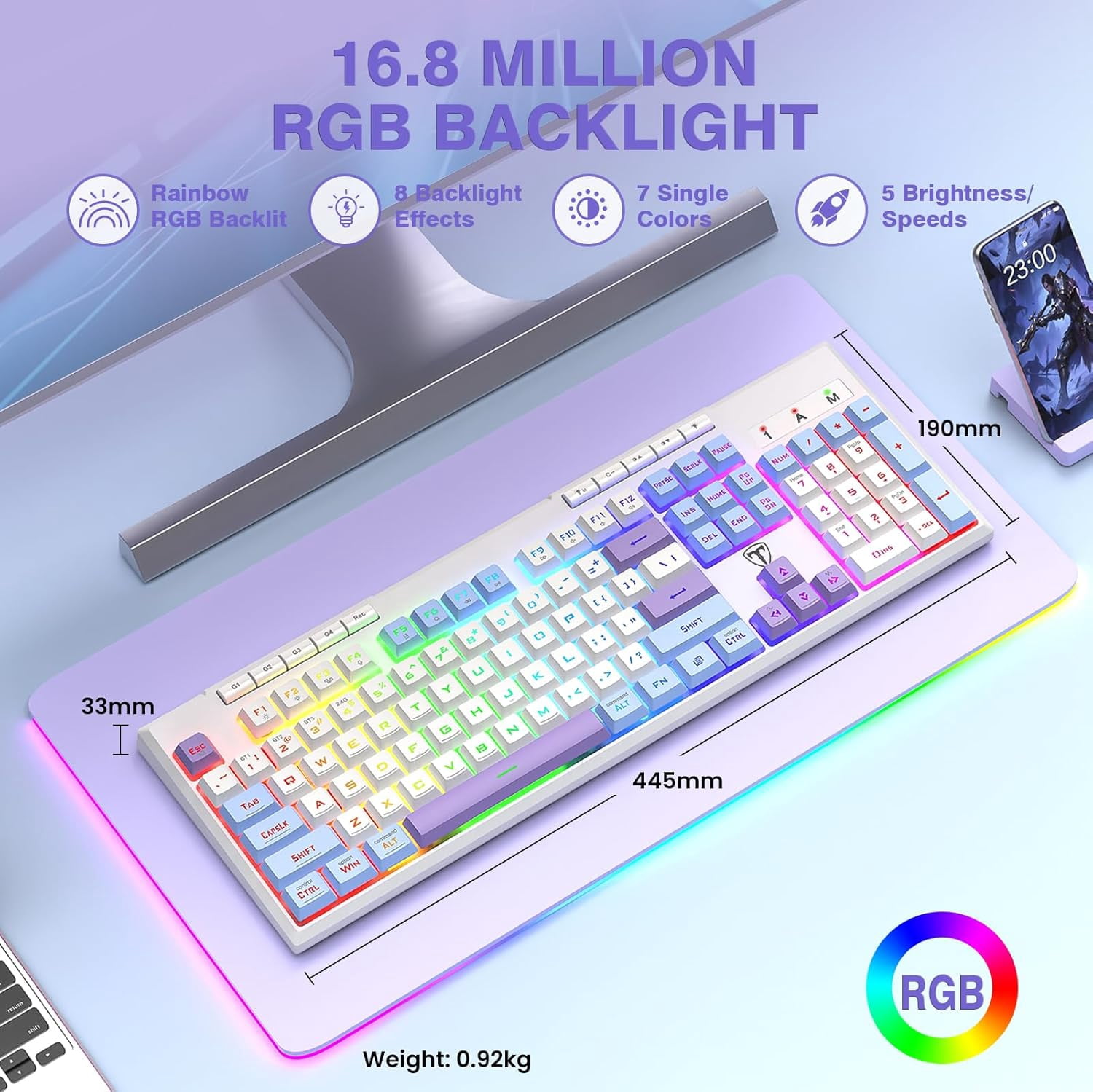Wireless Gaming Keyboard, Tri-Mode BT5.0/2.4GHz/USB-C, RGB Light up Backlit Keyboards, Customizable Macro Keys, 26 Anti-ghosting Keys, 4000mAh Battery, Creamy Computer Keyboards