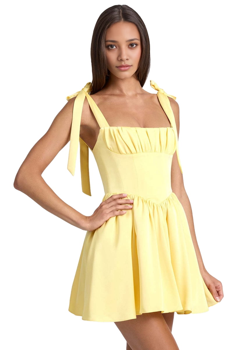 Smocked Ruched A Line Swing Dress Layered Tie Shoulder Flowy - Dress Yellow L