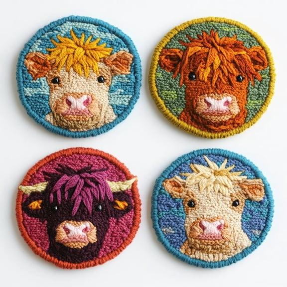 4 Set DIY Punch Needle Coaster Kits Cute Highland Cow Easy for Beginners with Adhesive Felt Hoop Punch Needle Embroidery Starter Set with Pattern for Drink Cups Mat Home Decor
