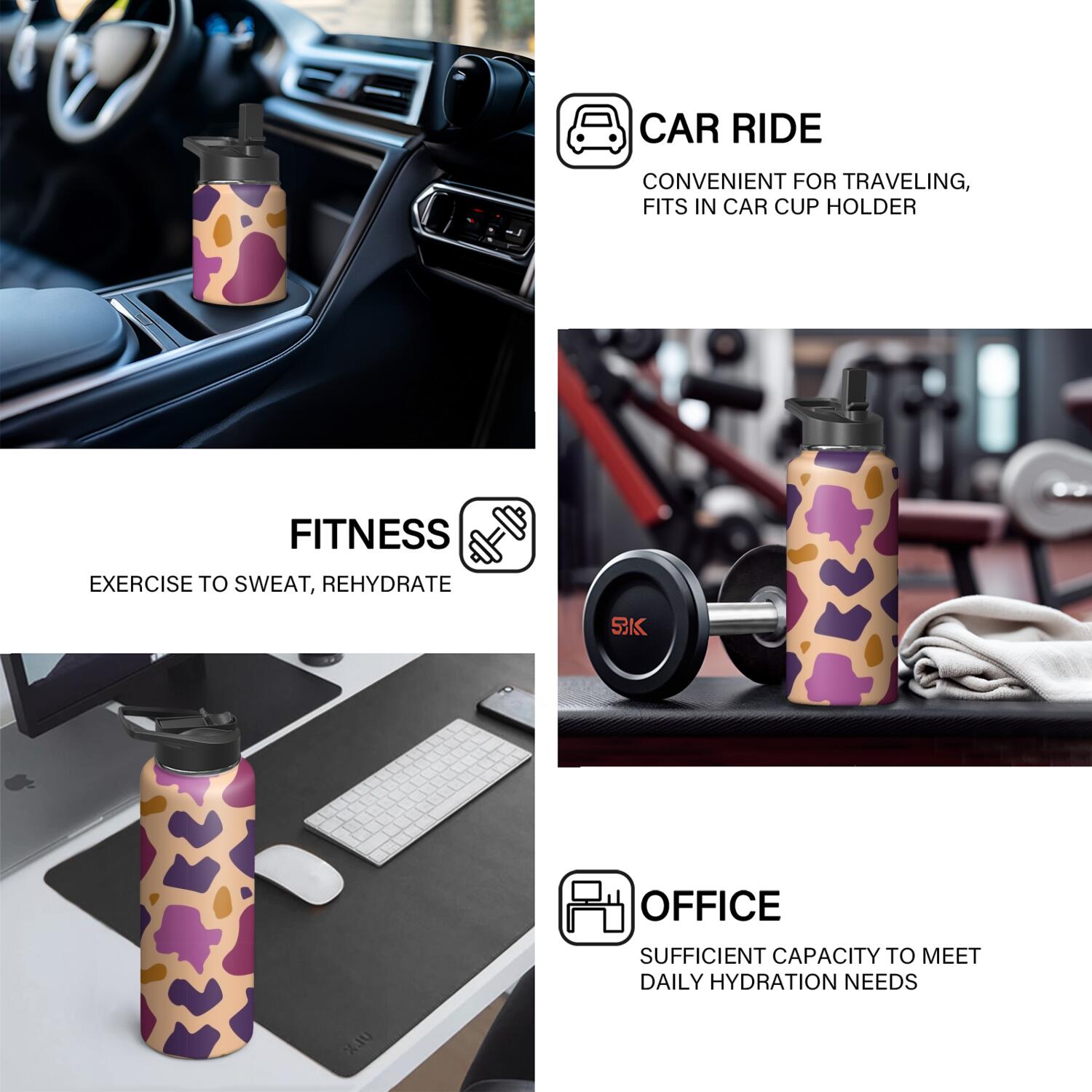 Leopard Print Insulated Stainless Steel Water Bottle with Straw & Cleaning Brush – 18 Oz | Leakproof, BPA-Free, 304 Stainless Steel, Wide Mouth, Travel Mug for Car, Gym, Office