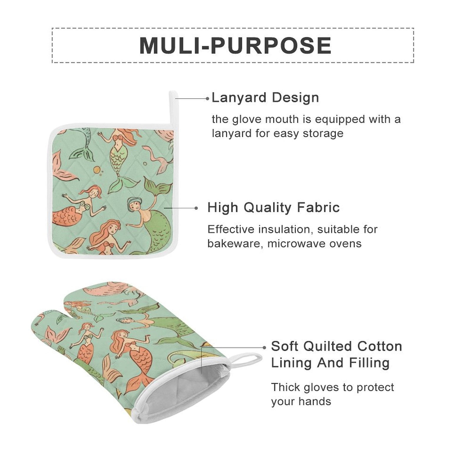 Ocean Cute Mermaid Insulated Gloves And Pot Mats (four Piece Set)
