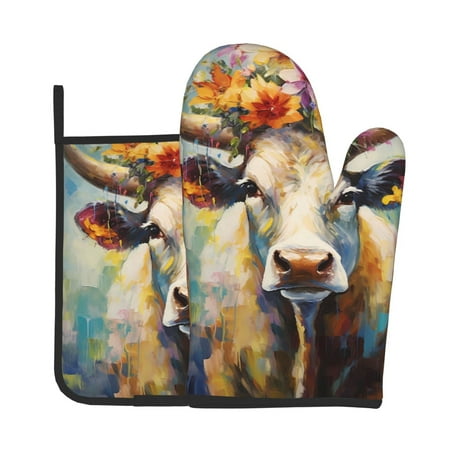 

Zeuib Oil Painting Flower Cow Print Oven Mitt & Pot Holder Set 2-Pack Kitchen Gloves and Hot Pads for Cooking BBQ Grilling Baking