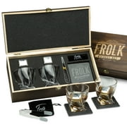 Frolk Whiskey Stones & Glasses Gift Set for Men – 2 King-Sized Chilling Stainless-Steel Whiskey Cubes - 11 oz 2 Large Twisted Whiskey Glasses, Stone Coasters, Tongs – Luxury Set in Real Wood Box