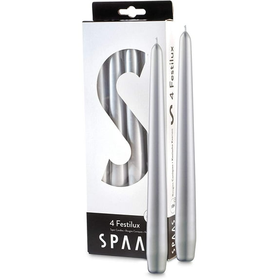 Silver Taper Candles, Set of 4 - 9" Tall Metallic Taper Candles - 8 Hour Long Burning - Individually Wrapped, Unscented Taper Candles for Home Décor, Wedding, Holiday, and Parties