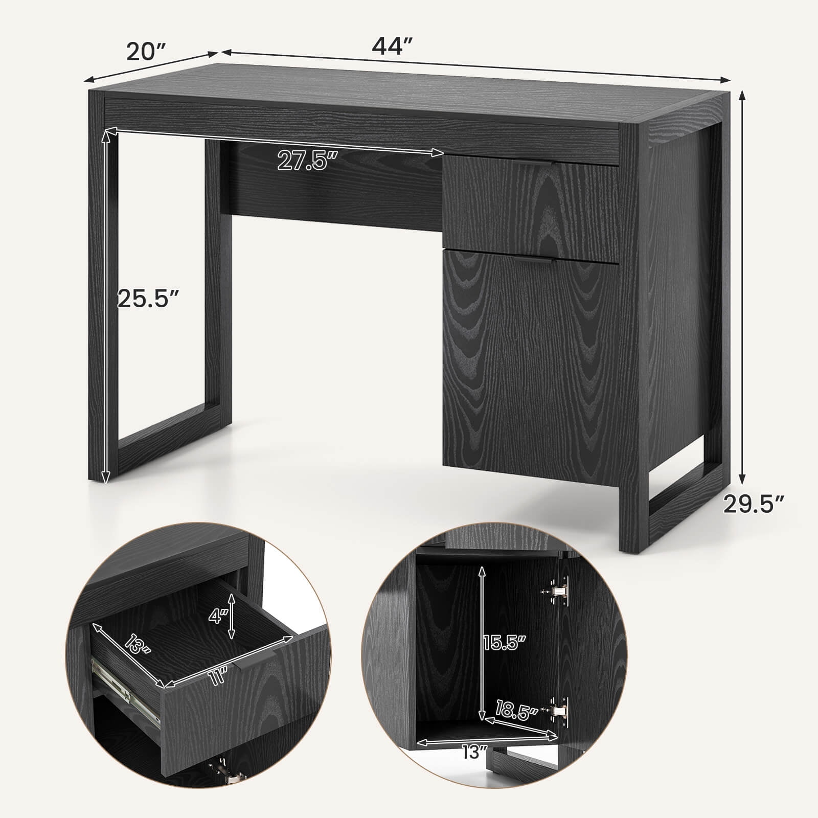 Costway Computer Desk with Storage Cabinet Pull-out Drawer Stable Thick Legs for Bedroom Black