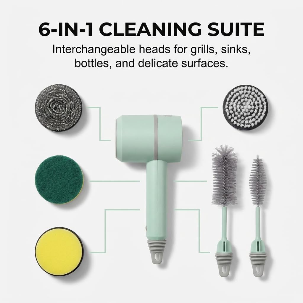 Electric Grill Brush, 2026 New Heavy Duty BBQ Grate Cleaning Brush with 6 Interchangeable Heads, 360 Rotation Power Scrubber, Kitchen Sink Bathroom Homeowners Grill Enthusiasts Adults (Green)M