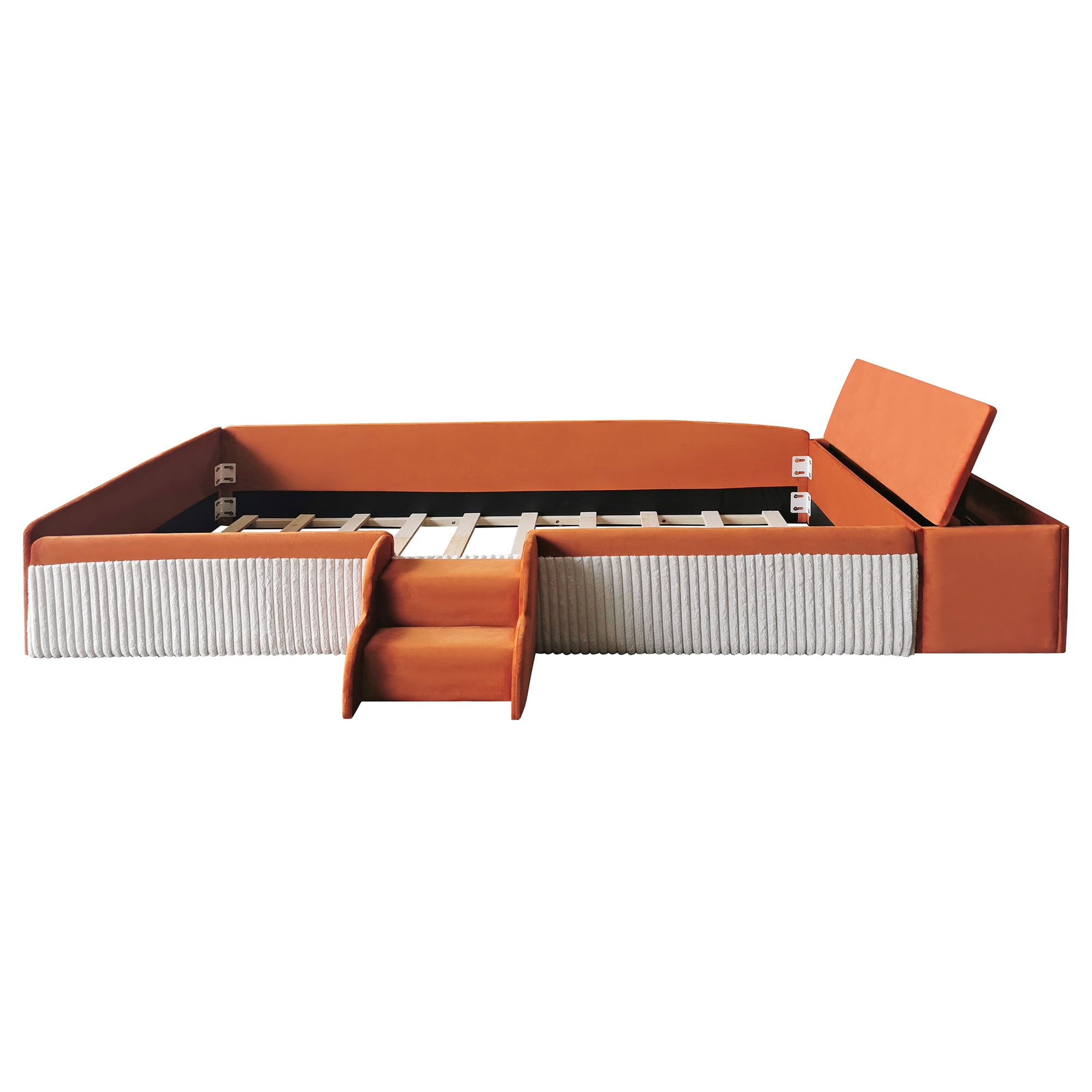 Leumius Twin Size Floor Bed Frame with Stairs & Gas Lift Storage Ottoman, Velvet Upholstered Daybed with Padded Guardrails, Brown+White