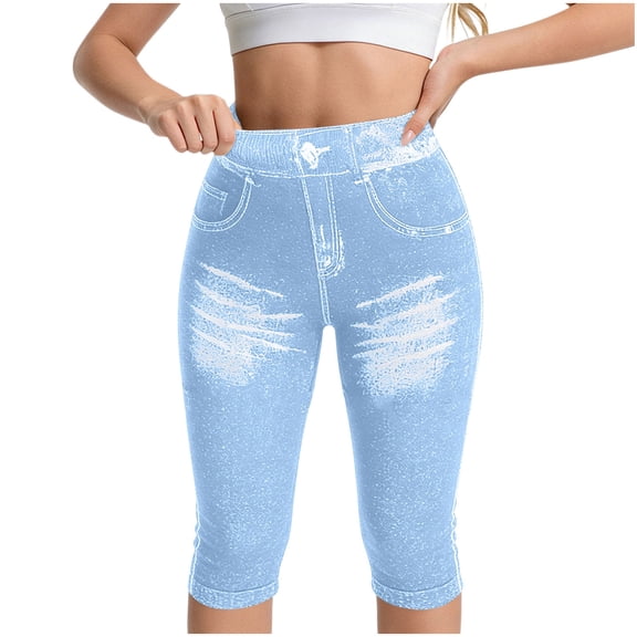 Workout Leggings with Pockets Womens Capris Yoga Leggings Leggings Faux Denim Print High Waist Stretchy Casual Everyday Wear Cropped Pants Light Blue XL