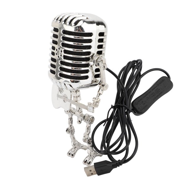 Vintage Microphone, Guitar Robot Table Lamp Aluminum Retro Metal Robot Night Light for Bedroom Desk Home Decor