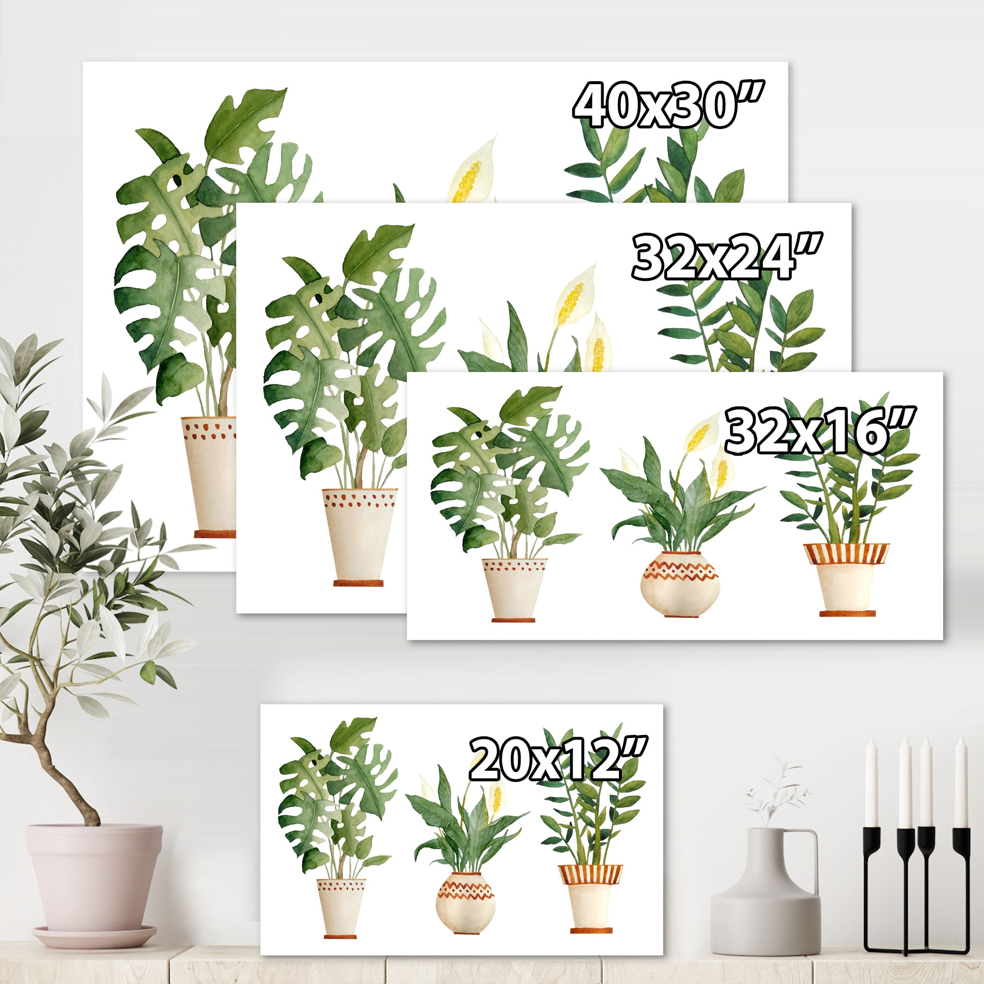 Designart ' Houseplant Peace Lily In Terra Cotta and Monstera ' Farmhouse Canvas Wall Art Print