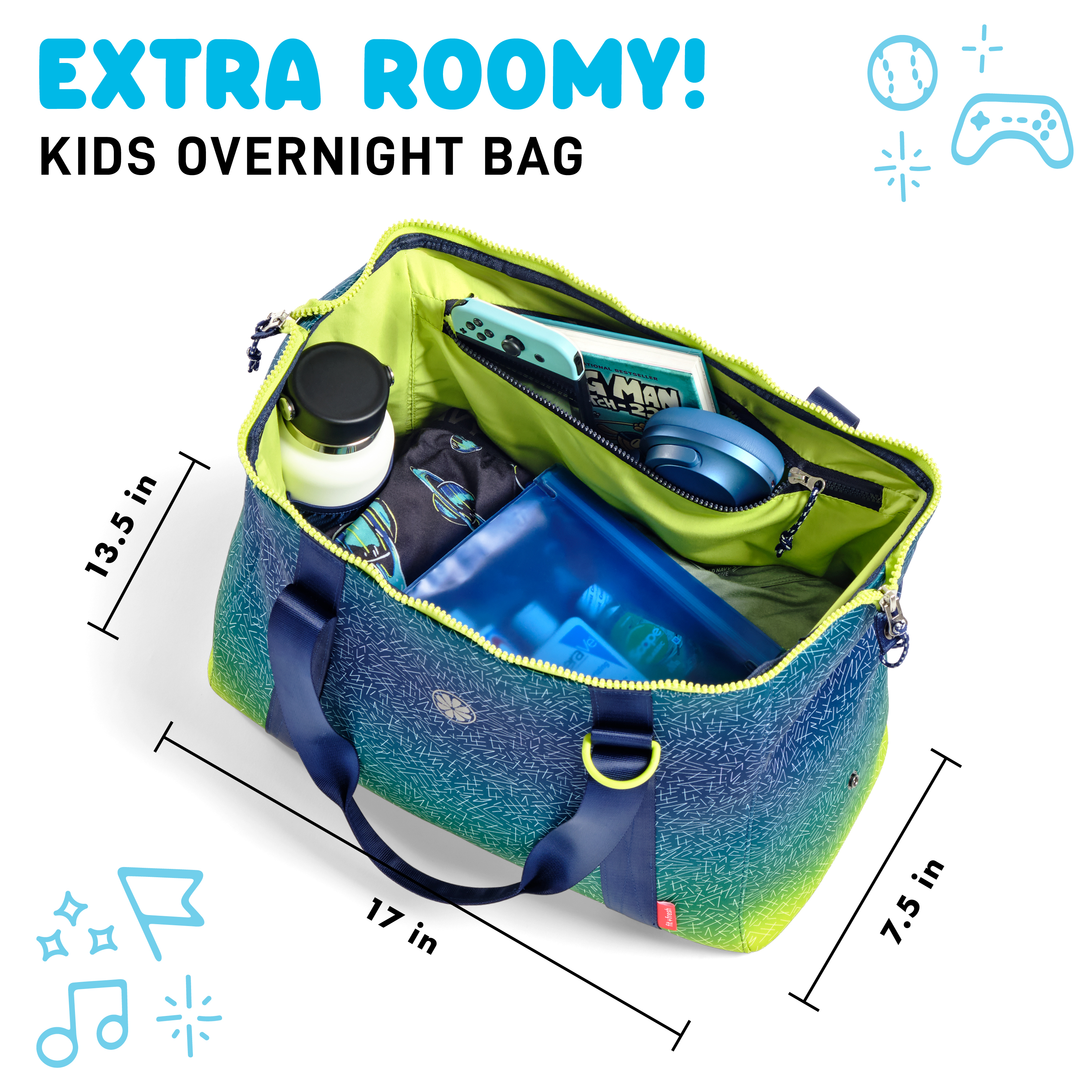 Fit + Fresh Junior Duffel Bag For Kids, Premium Neoprene Dance & Sports Bag, Weekender, Blue Green