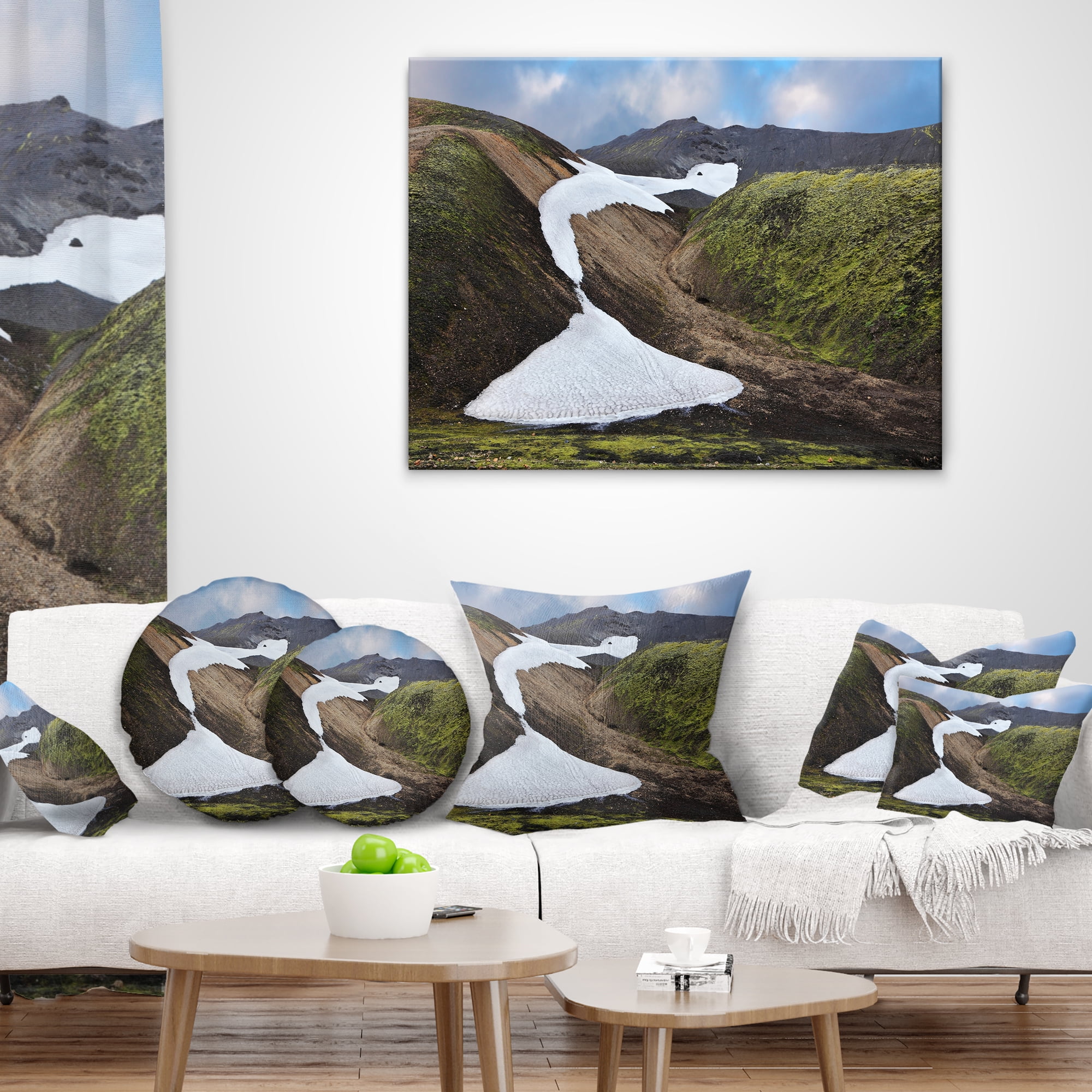 Designart White Spots Snowfields In Gullies - Landscape Printed Throw Pillow - 12x20