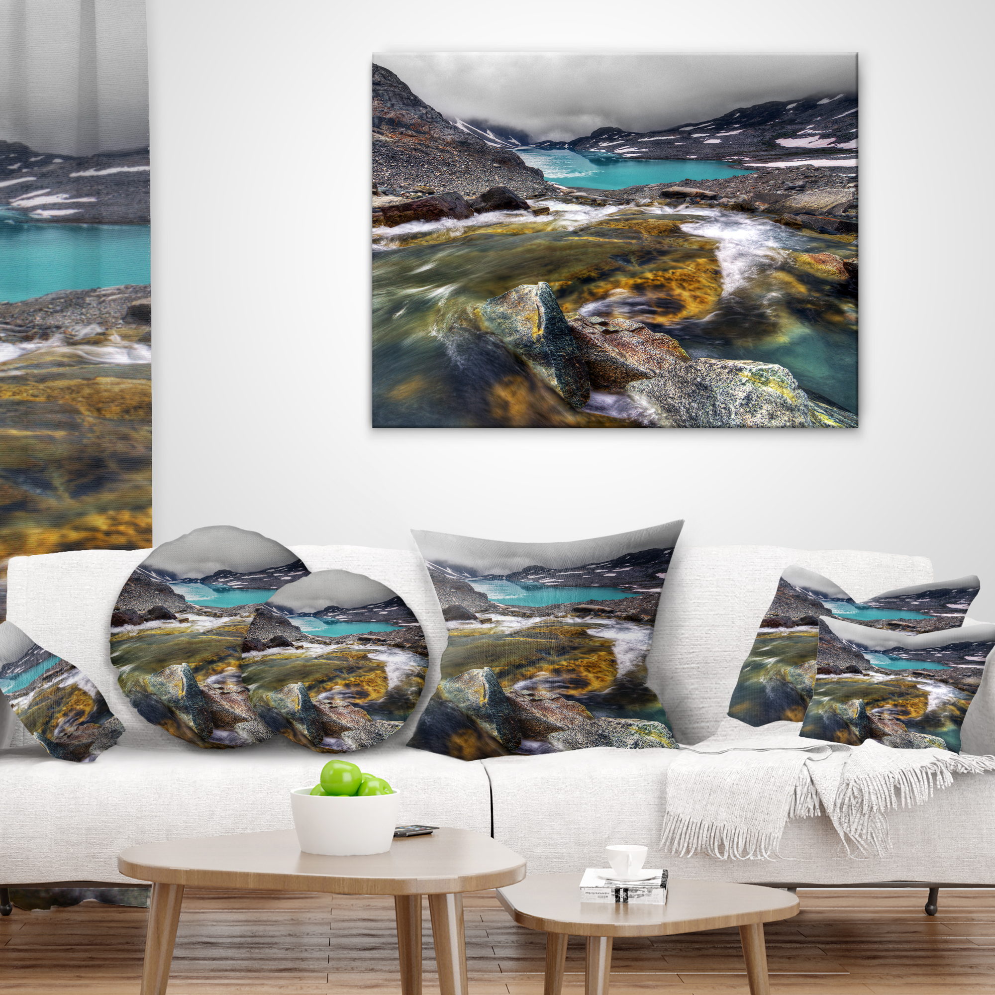 Designart Mountain Creek Flowing into Lake - Landscape Printed Throw Pillow - 12x20