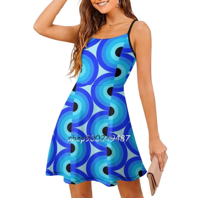 Blue Waves Robe Évasée Nœud Cœur Mode Grande Taille Robe Ample Bleu Lt Bleu Royal Noir Vagues Ton sur Ton Mod