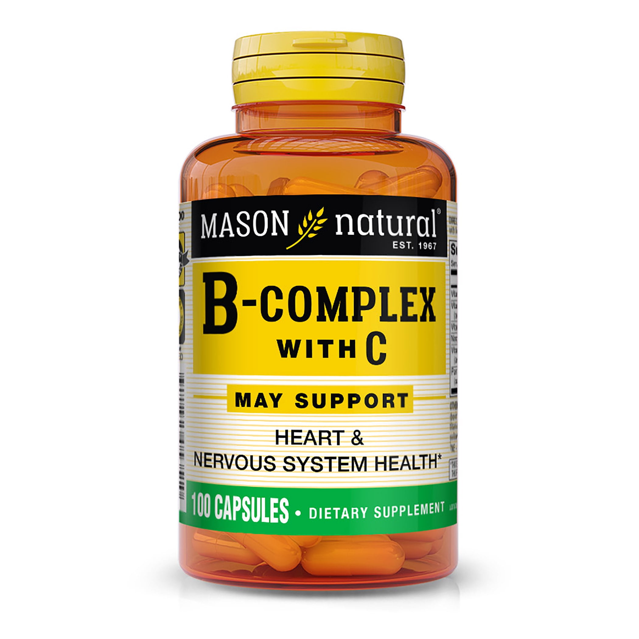 Mason Natural Vitamin B-Complex with Vitamin C - Healthy Heart and Nervous System, Improves Immune Function and Energy Metabolism, 100 Capsules