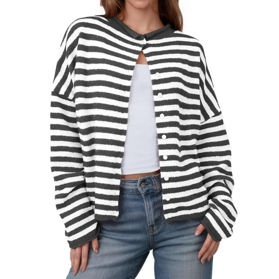 Women's Plush Striped Sweater Long Sleeve Crewneck Button Down Cardigan Blouse Black XL