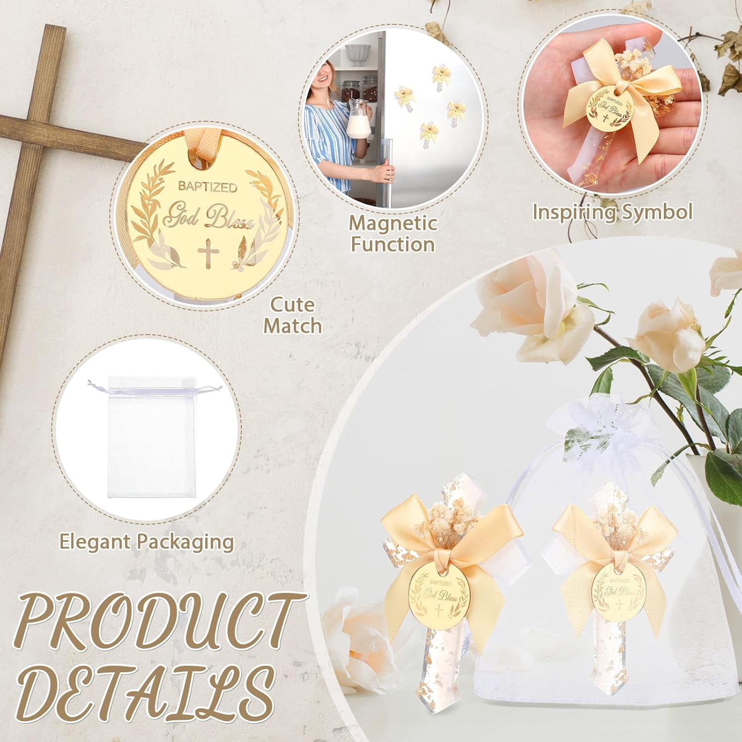 12 Pcs Baptism Favors for Guests Epoxy Cross Fridge Magnets First Communion Cross with Flower Christian Souvenirs Gift for Baptism Christening Baby Shower Party Family Gathering (White)