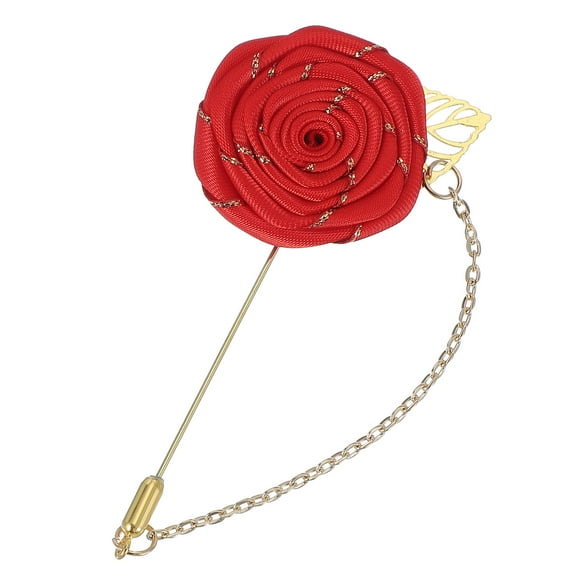 Rose Lapel Pin for Men Suits, Men Cloth Rose Flower Brooch Pin Handmade Boutonnieres Pins with Gold Leaf/Chain Brooch for Men Suit Accessories, Red