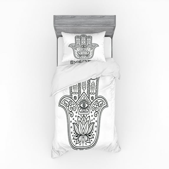 Hamsa Duvet Cover Set, Monochrome Oriental with Blooming Lotus Fish and Eye Motifs Graphic Art, Bedding Set with Shams and Fitted Sheet, 3 Sizes, by Ambesonne