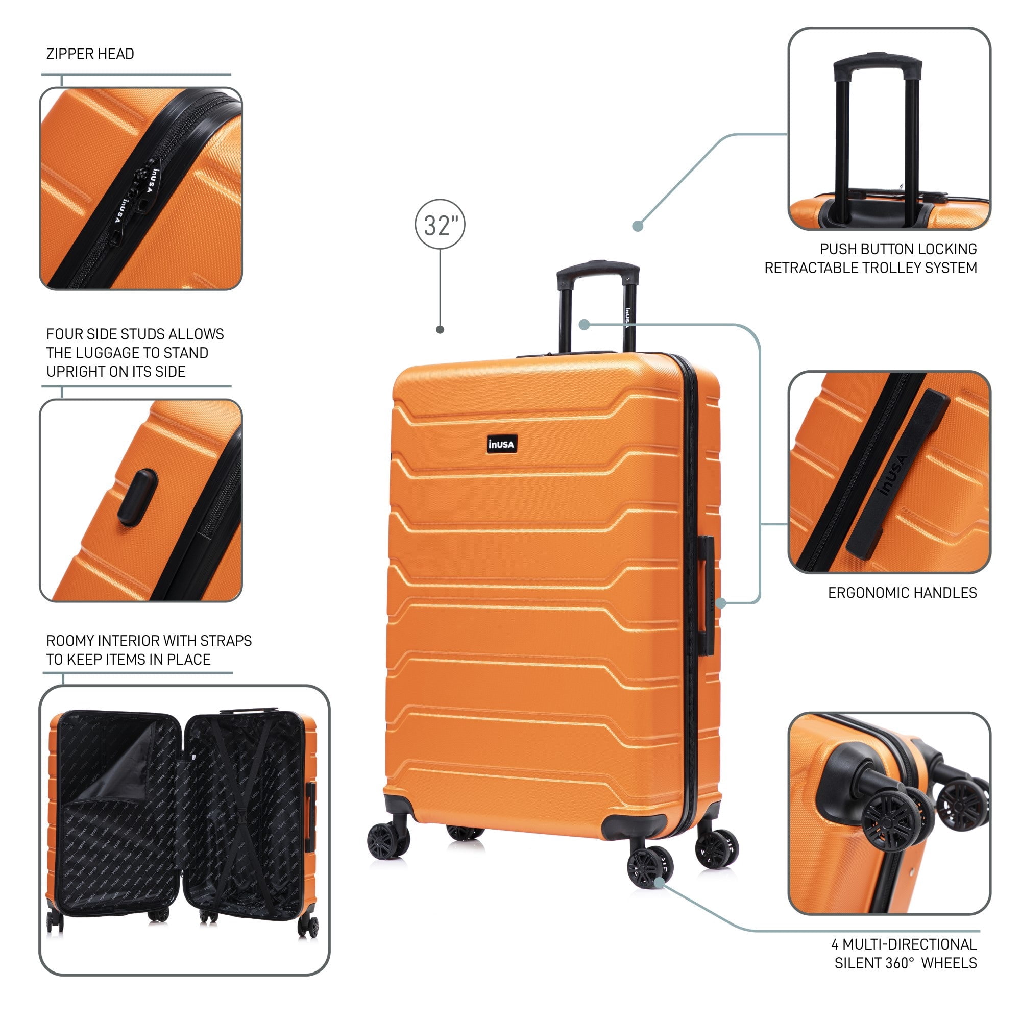 InUSA TREND 32" Extra-Large Hardside Lightweight Luggage with Spinner Wheels, Handle, Trolley, Orange
