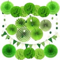 Fangsheng 21 Pcs Party Decoration, Green Hanging Paper Fans, Pom Poms Flowers for Golf Party Dinosaur Birthday Parties Arbor Day