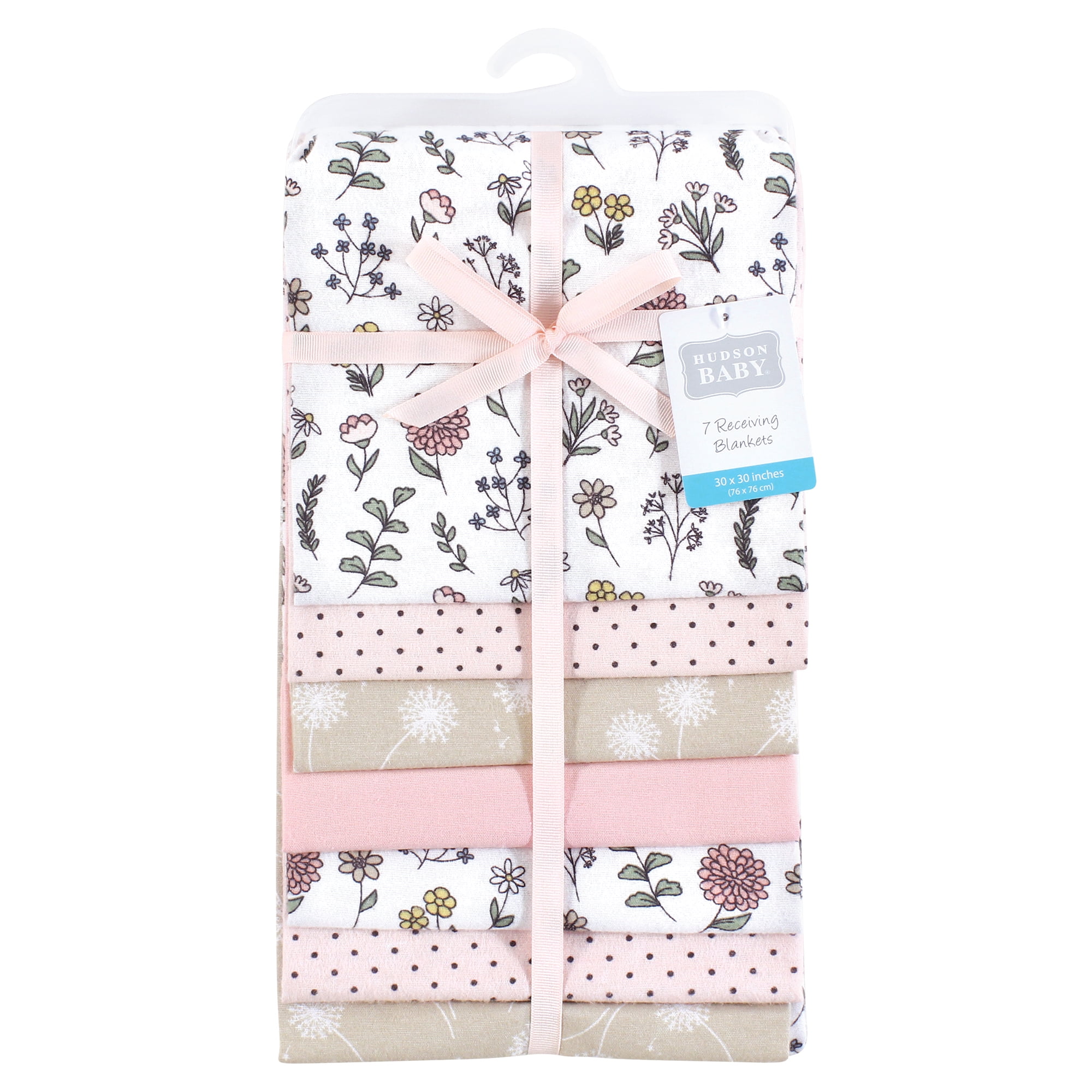 Little Treasure Hudson Baby Girls Cotton Poly Flannel Receiving Blankets Multipack, Pink Dandelion Wish, 30x30 inches