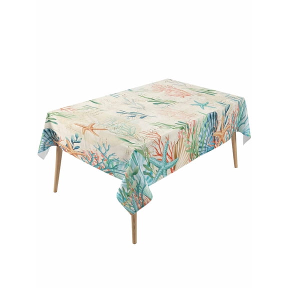 Beach Coastal Rectangle Tablecloth, Summer Coral Starfish Nautical Ocean Vintage Waterproof & StainResistant Tablecloth, Washable Oil-proof Table Cover for Dining/Party/Wedding/Buffet 54x108 In