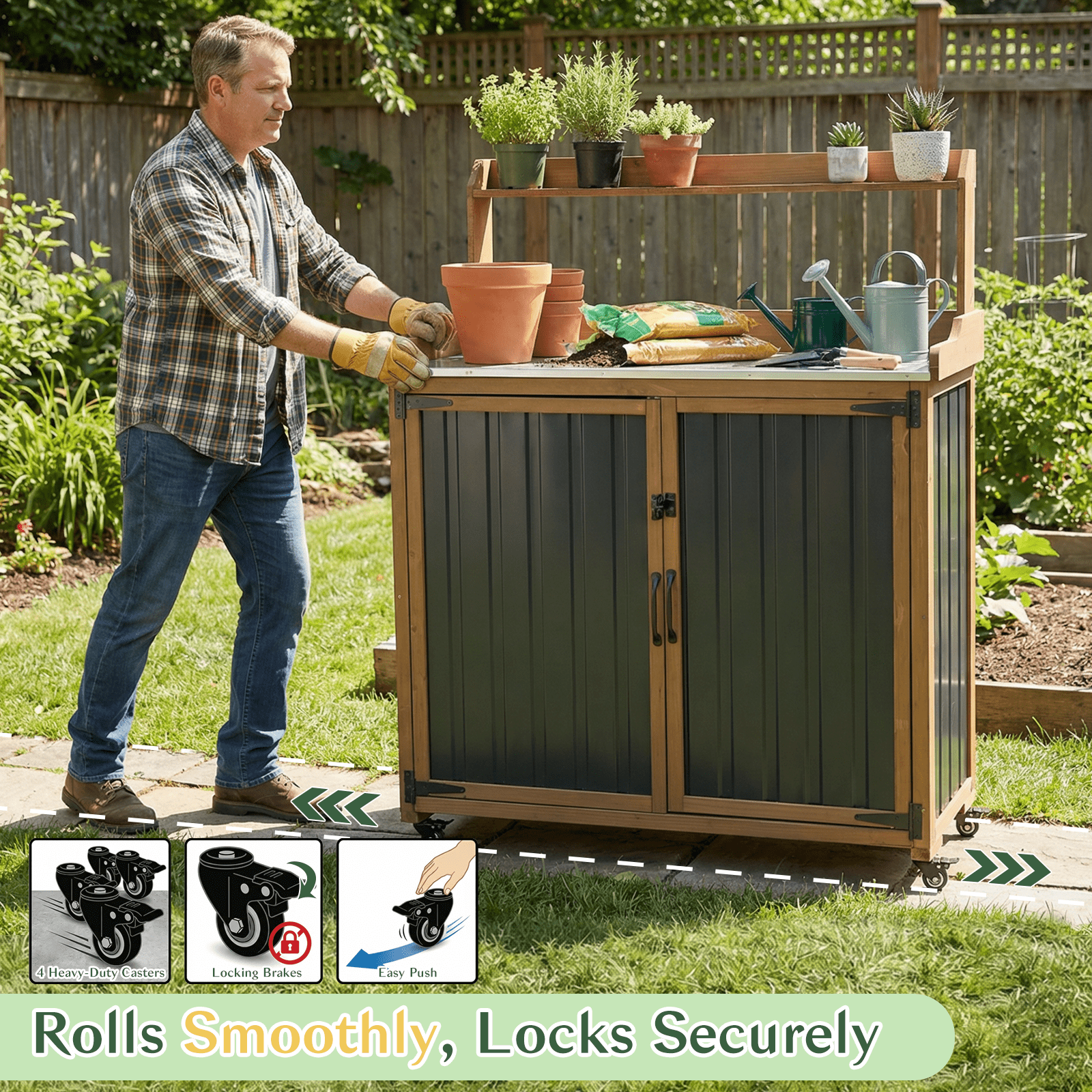 2-in-1 Outdoor Storage Cabinet & Potting Bench, Heavy Duty Metal Top Utility Station for Garden Tools, Easy Assembly