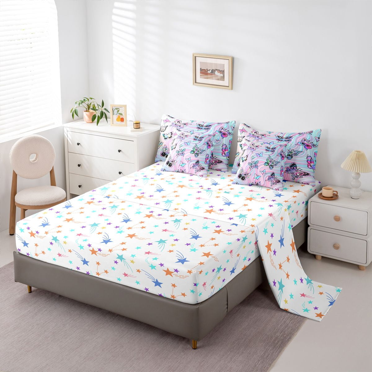 jejeloiu Bohemian Cartoon Butterflies 7-Piece Twin Bedding Sets,Colorful Fulid Art Bedding Comforter Set,Pink Blue Ombre Sheet Sets For Girls Teens,Super Cozy Room Decor Reversible