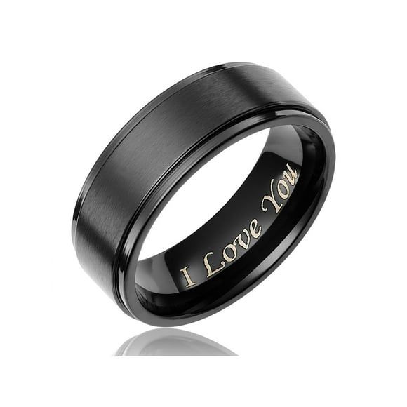 Cavalier Jewelers Black Plated Titanium Wedding Band, "I Love You", 8MM Comfort Fit Ring, Titanium