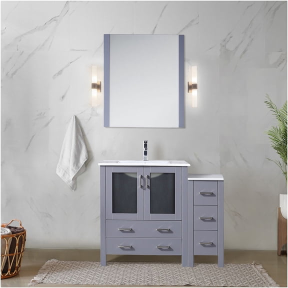JERFIT 42 inch Modern Bathroom Vanity with Ceramic Top, Soft Close Drawers, and Storage Cabinet in Dark Grey
